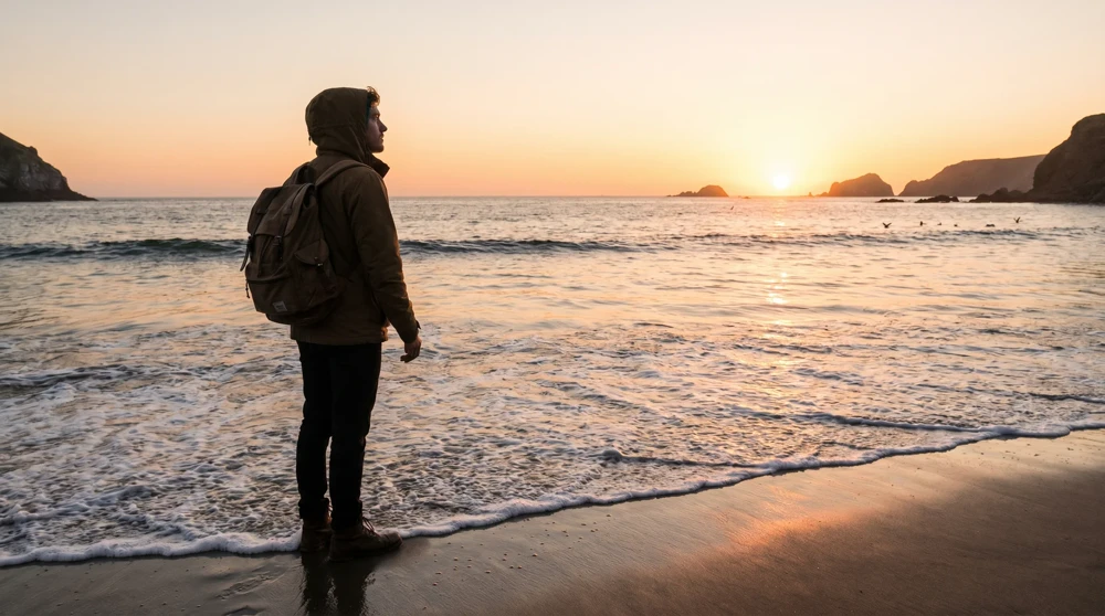 Ein Alleinreisender steht bei goldener Stunde an einem tuvaluischen Strand und betrachtet die ungewisse Zukunft der Insel