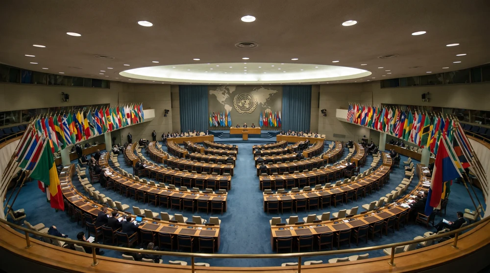 The interior of an international assembly hall with rows of national flags representing sovereign member states