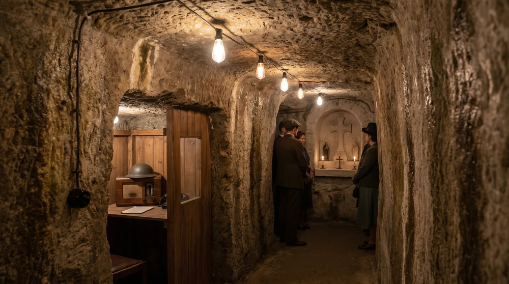 Dim hand-carved limestone air-raid shelter tunnels with low ceilings and warm bulbs