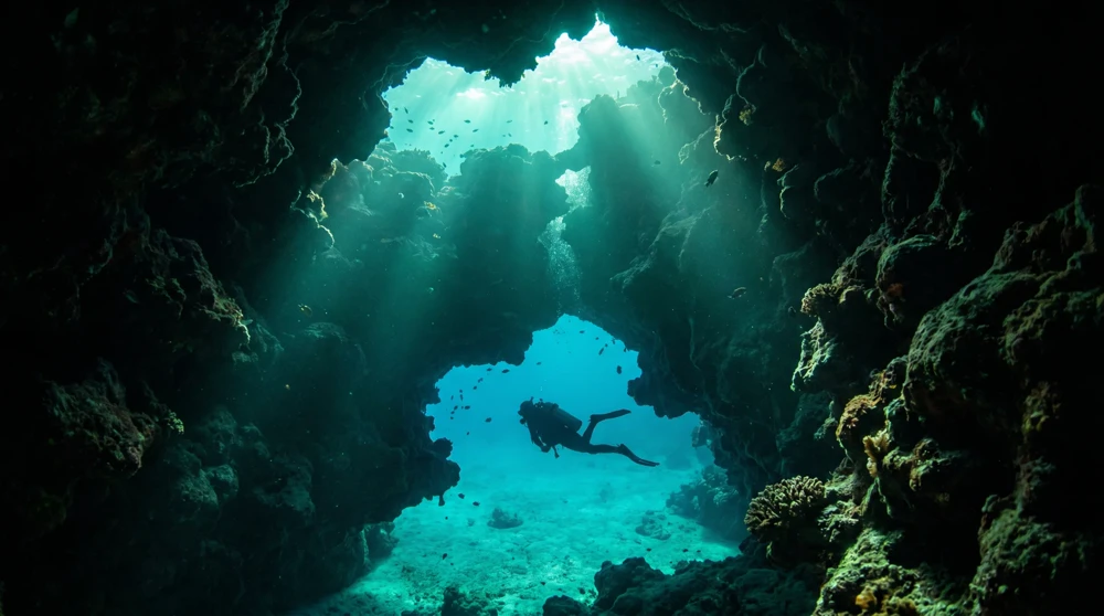 Eingang einer Unterwasserhöhle mit einfallenden Lichtstrahlen und Tauchersilhouette im Gegenlicht vor Grand Cayman