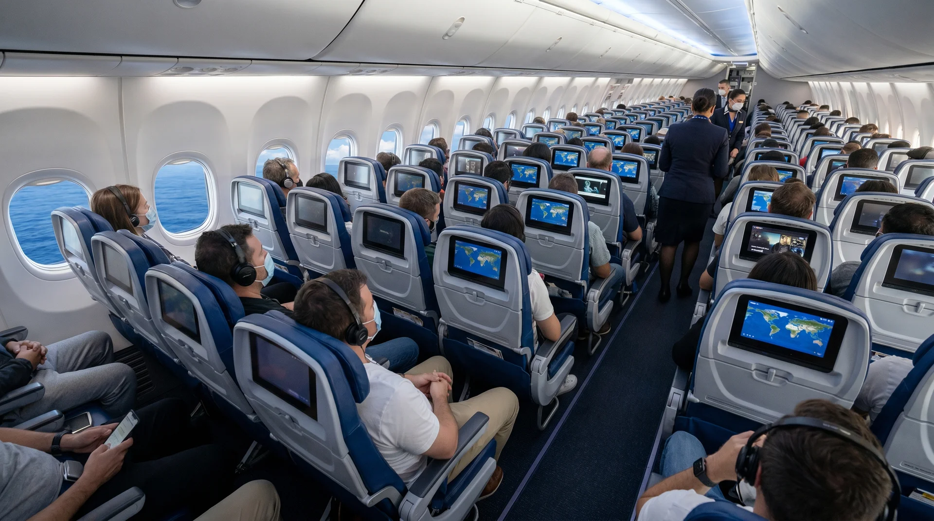 United Airlines economy cabin interior during Pacific Ocean flight