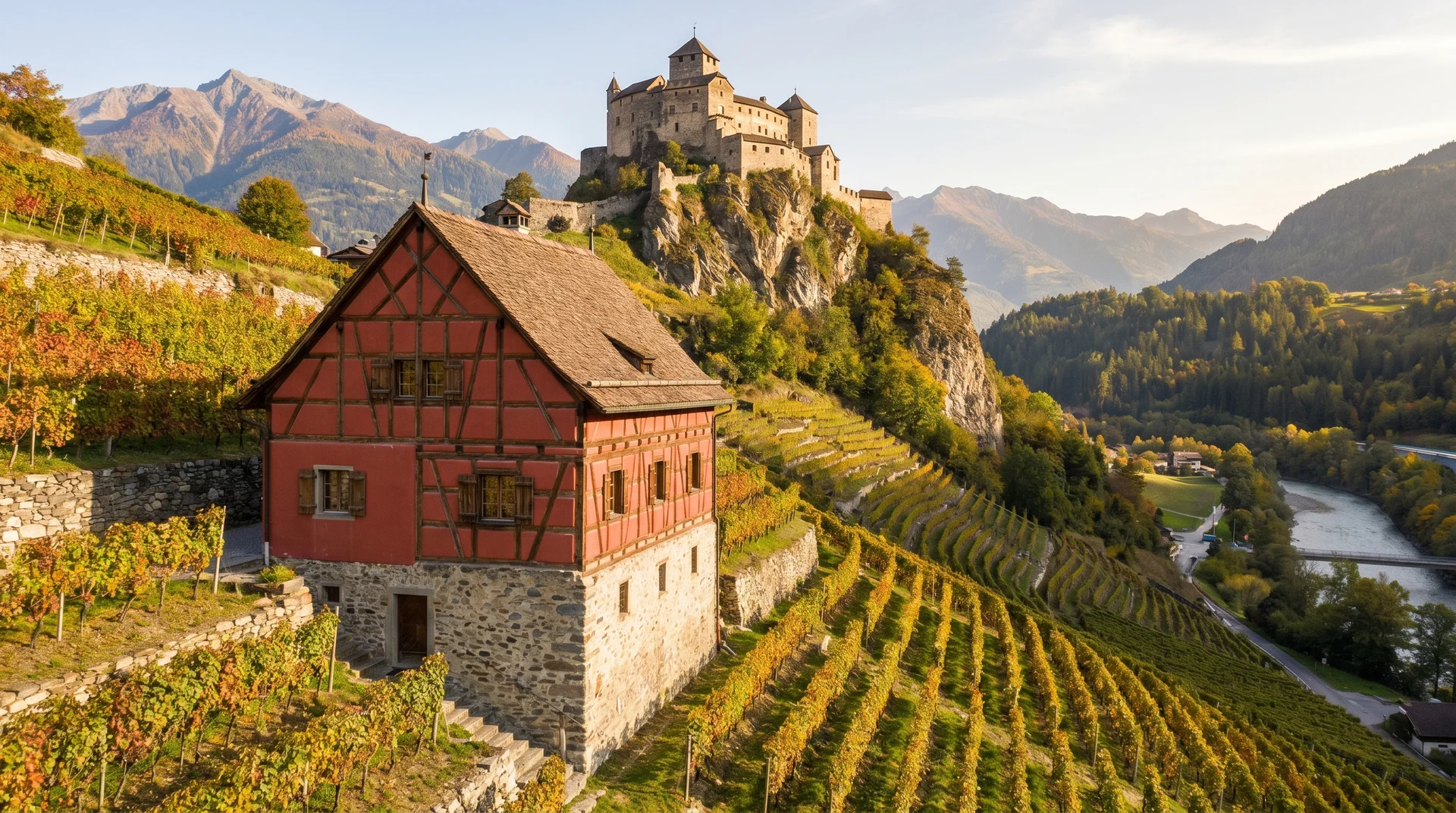 Das Rote Haus mit fuerstlichen Weinbergterrassen unterhalb von Schloss Vaduz in Liechtenstein