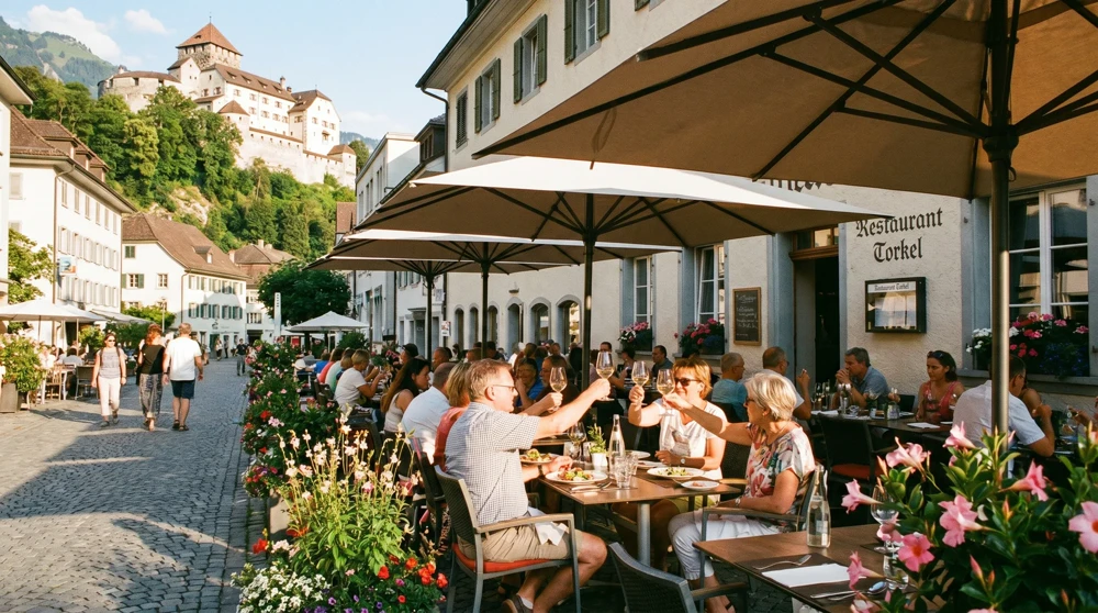 Restaurantterrasse in Vaduz mit Schloss auf dem Huegel im Hintergrund