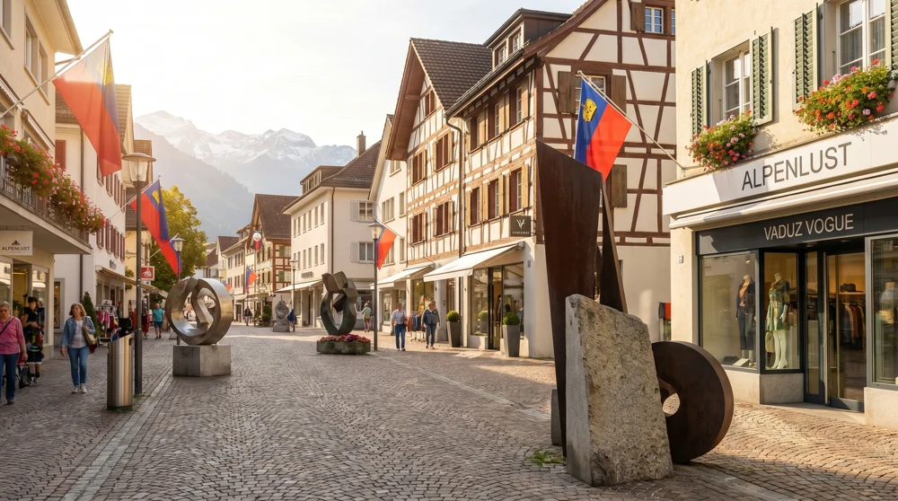 Fussgaengerzone Staedtle in Vaduz mit oeffentlichen Skulpturinstallationen und Boutiquen