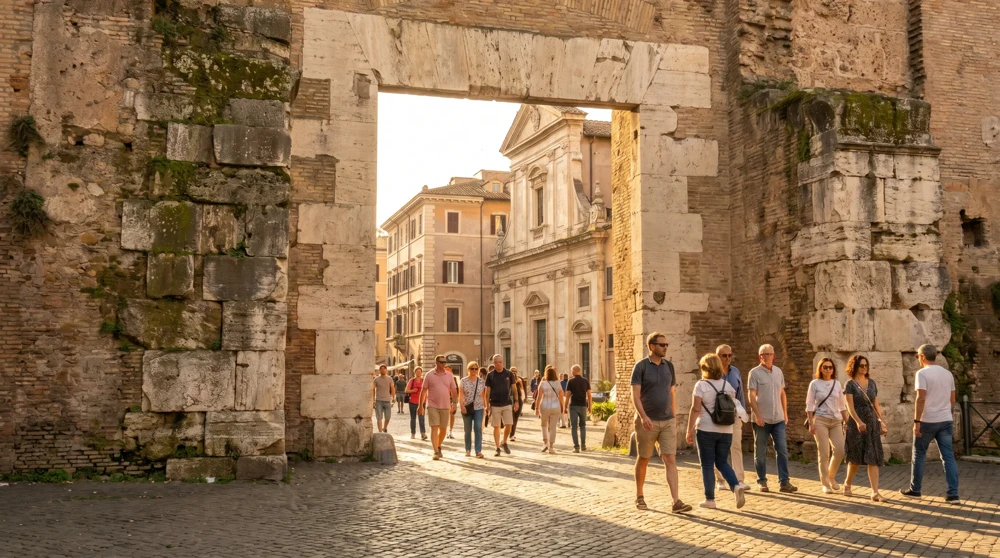 Open entrance to Vatican City walls with tourists walking freely, no border control checkpoint visible, Rome street in background