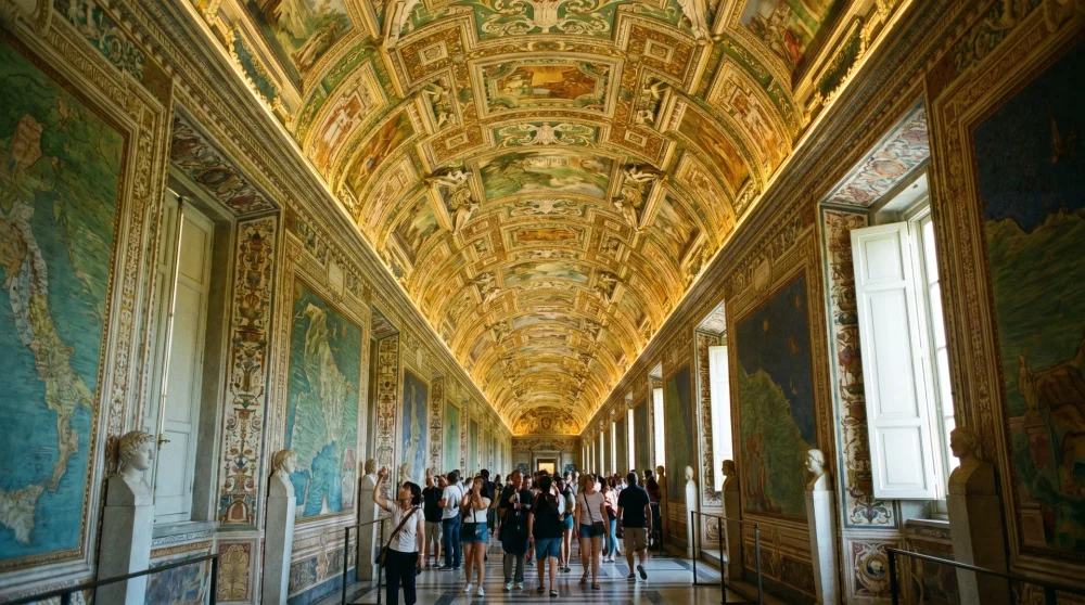 The Gallery of Maps inside the Vatican Museums showing the long vaulted ceiling covered in painted cartographic frescoes
