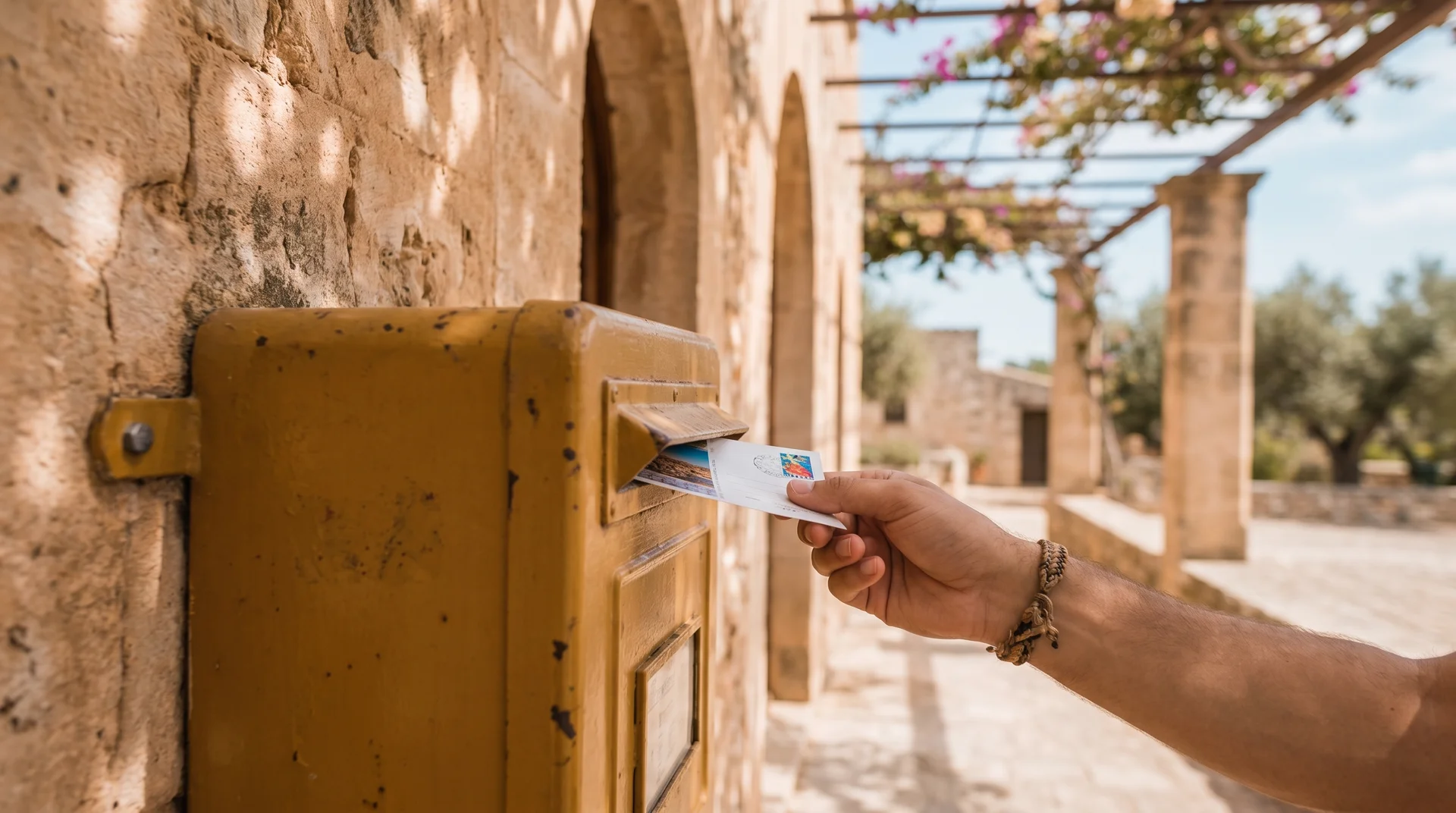 A bright yellow Vatican City mailbox on the colonnade of St. Peter's Square, tourist posting a letter