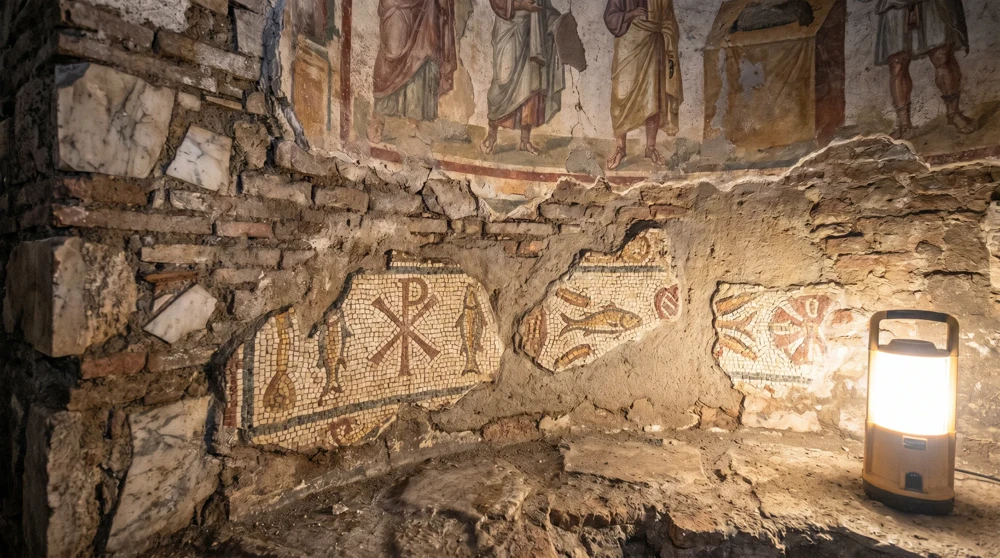 Detail eines frühchristlichen Freskos und Mosaiks an einer Mausoleumswand in der Vatikanischen Ausgrabung