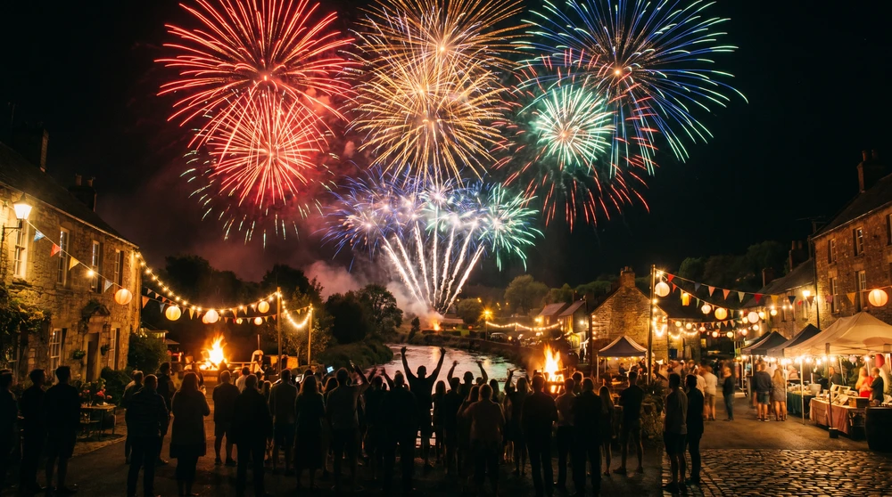 Bunte Feuerwerke über einem kleinen Dorfplatz, während eine Menschenmenge als Silhouette das Sommerfest unten beobachtet.