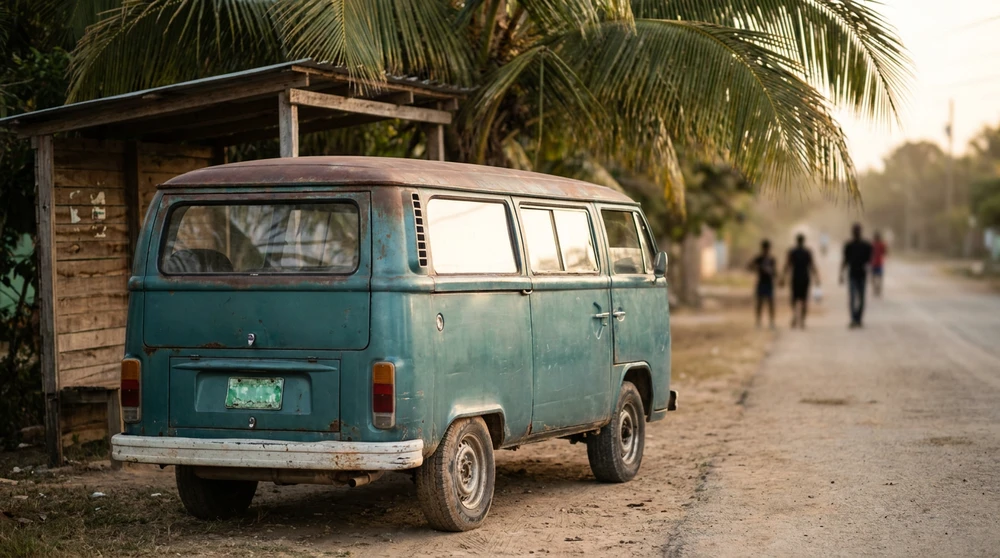 Vintage H-plate minivan parked at a rural village bus stop in St Kitts