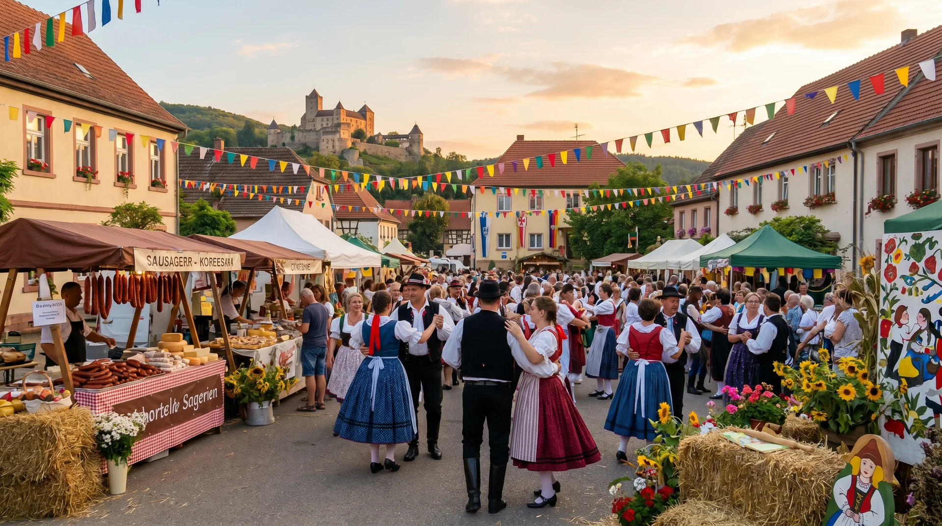 Folk festival crowd in central Vaduz on Liechtenstein National Day with Vaduz Castle visible above