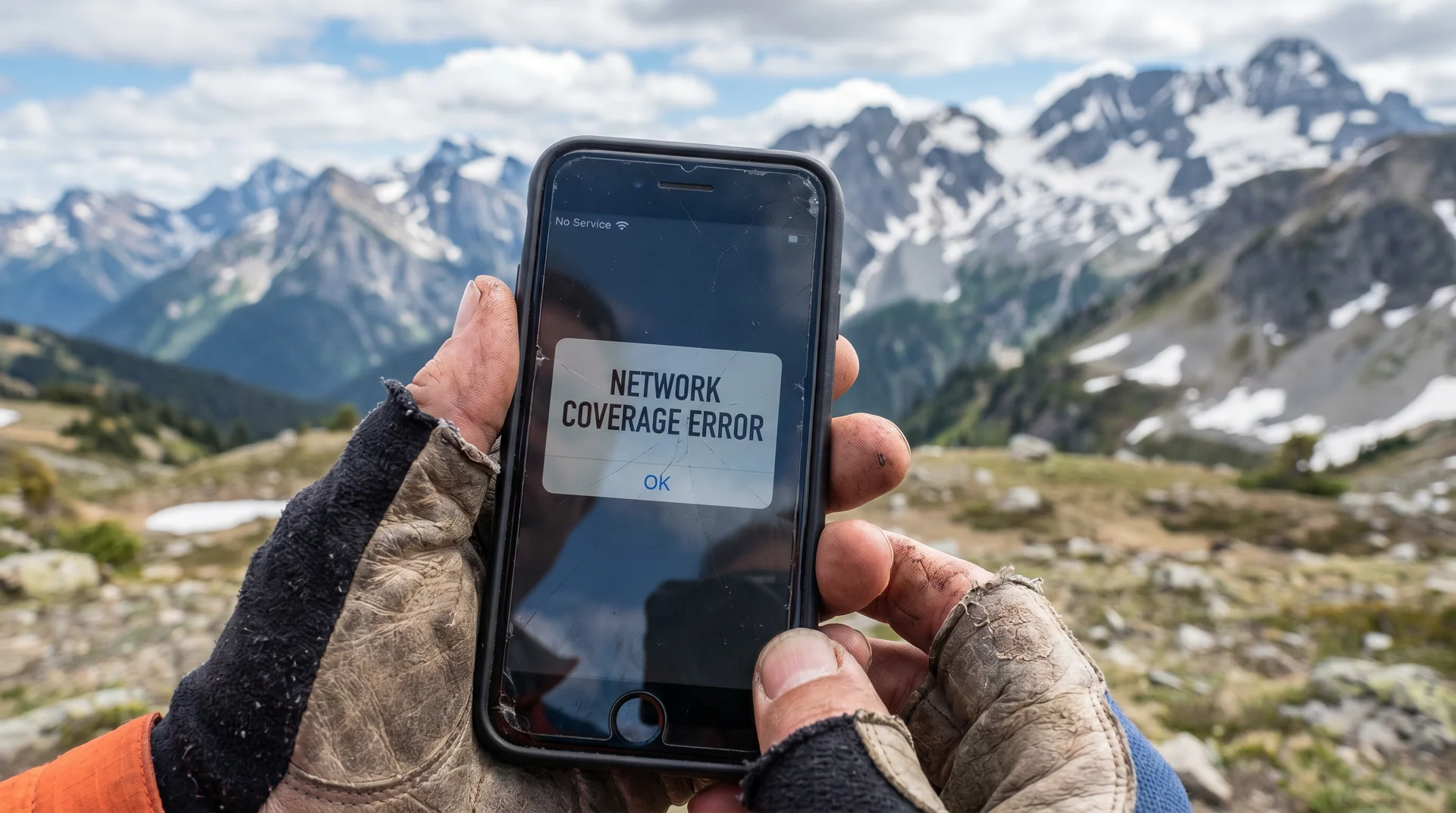 Person checking phone with roaming coverage issue in Liechtenstein, mountain scenery behind
