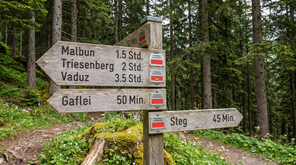 Trail junction signs in Liechtenstein forest pointing to villages with distance markers