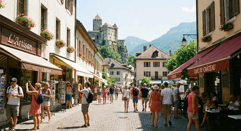 Visitors on Städtle pedestrian street in Vaduz with Vaduz Castle visible on the cliff behind