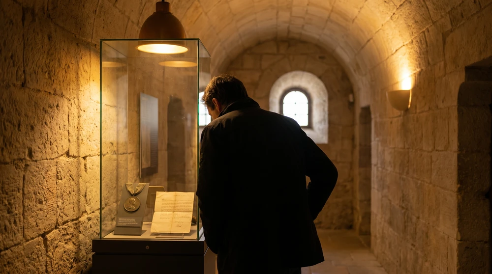 Visitor viewing a spotlit medal and aged letter in a dim stone museum gallery