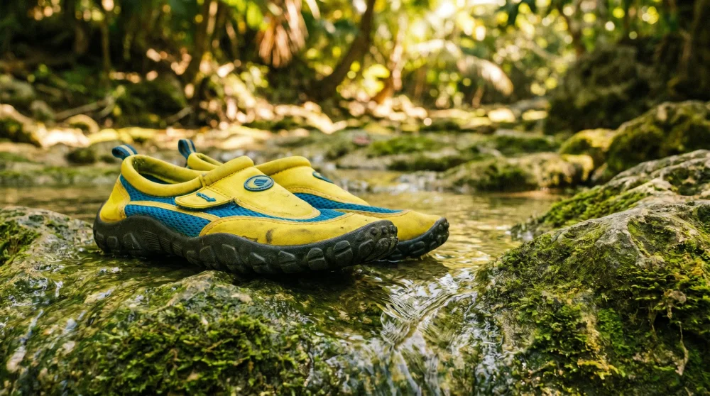 Water shoes with rubber grip on wet limestone rock showing the importance of proper footwear at Dunn's River Falls Jamaica
