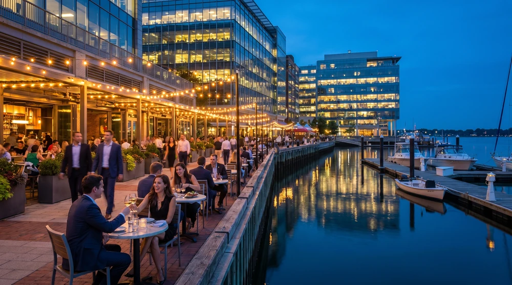 Evening waterfront dining terraces and offices reflected in a calm bay full of social energy