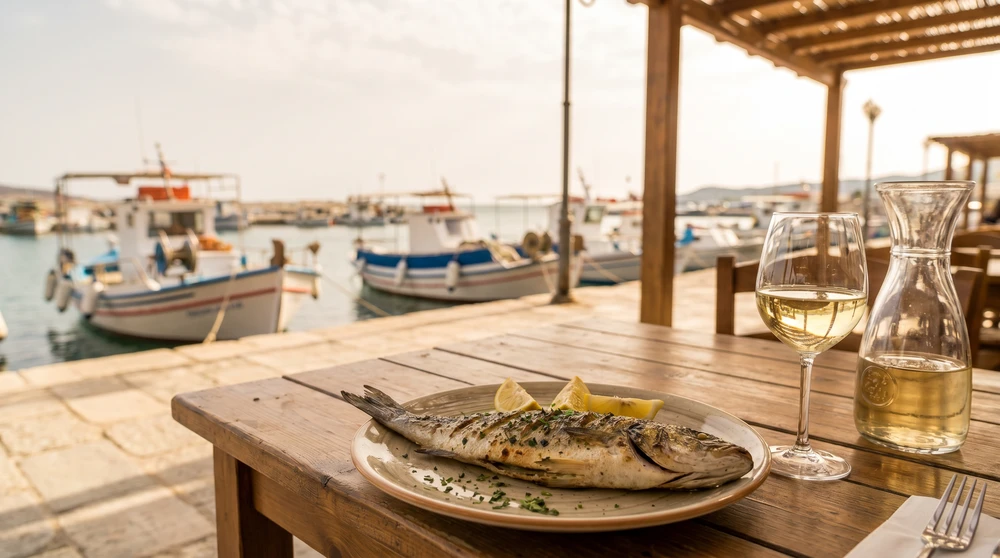 Plate of freshly grilled seafood with lemon on a waterfront table overlooking a Mediterranean harbor