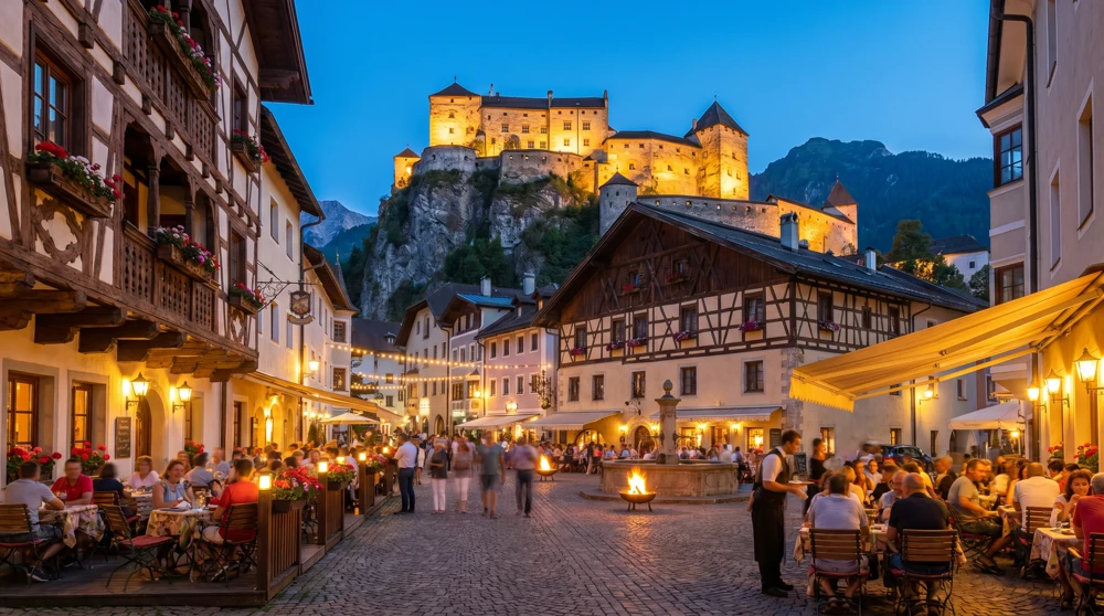 Medieval old town center of Feldkirch Austria at dusk with the Schattenburg castle illuminated above