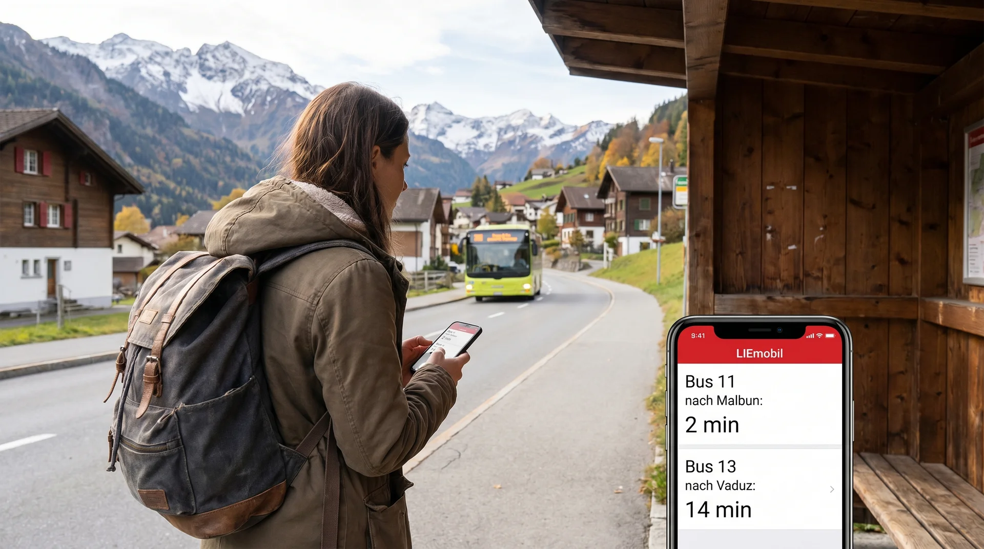 Traveler using the LIEmobil app at a bus stop in Liechtenstein checking bus arrival times