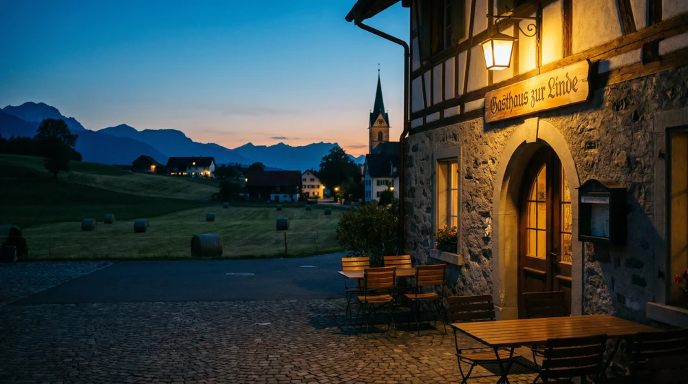Simple guesthouse in quiet Ruggell village in northern Liechtenstein at dusk