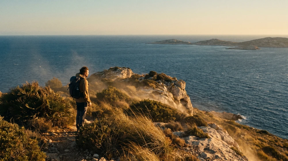 Hiker on a windswept Mediterranean coastal limestone ridge overlooking the blue sea at golden hour