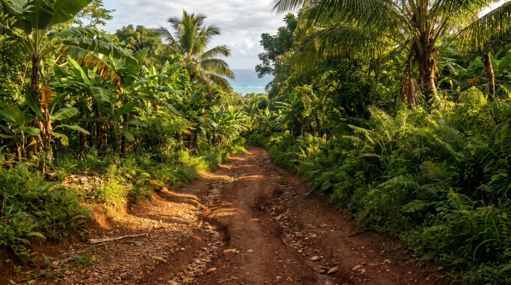 Raue unbefestigte Zufahrtsstraße, die zum Winnifred Beach hinunterführt
