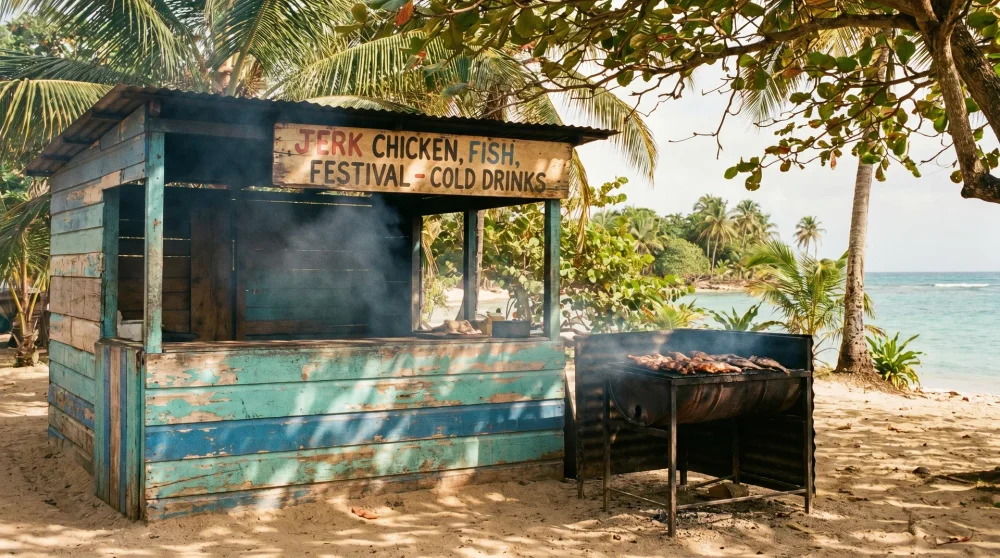 Freiluftküche am Winnifred Beach, die lokale jamaikanische Gerichte serviert