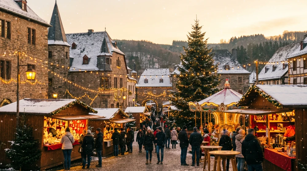 Historischer Stadtplatz aus Sandstein im winterlichen Abendlicht mit leuchtenden Weihnachtsmarktständen und festlicher Beleuchtung