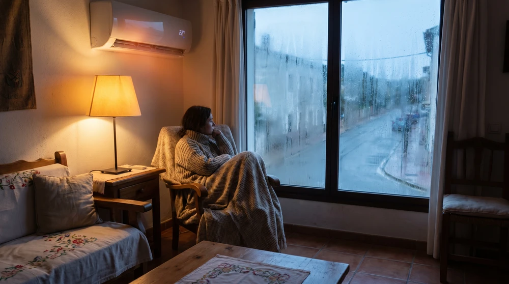 Traveler bundled in warm layers inside a chilly Maltese apartment in winter, showing why heating matters for accommodation