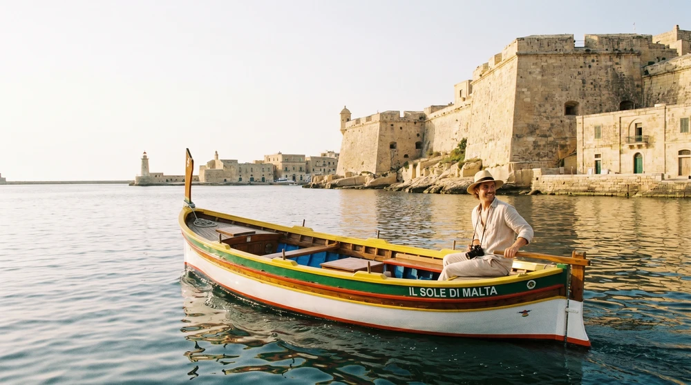 Traditional wooden water taxi crossing a calm harbour toward honey-coloured fortress walls at dawn