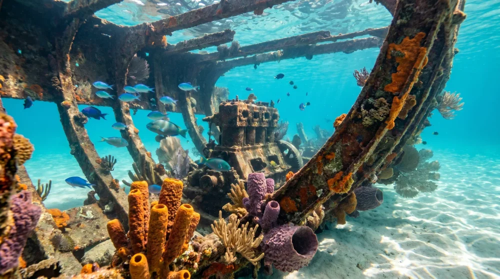 Rusted hull of the Wreck of the Cali covered in sea sponges and reef fish, visible from the surface in George Town Grand Cayman