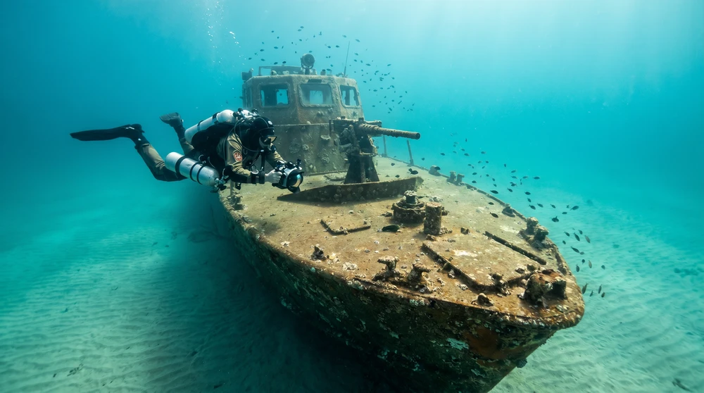Diver hovering over the deck of an upright sunken patrol boat on a sandy Mediterranean seabed