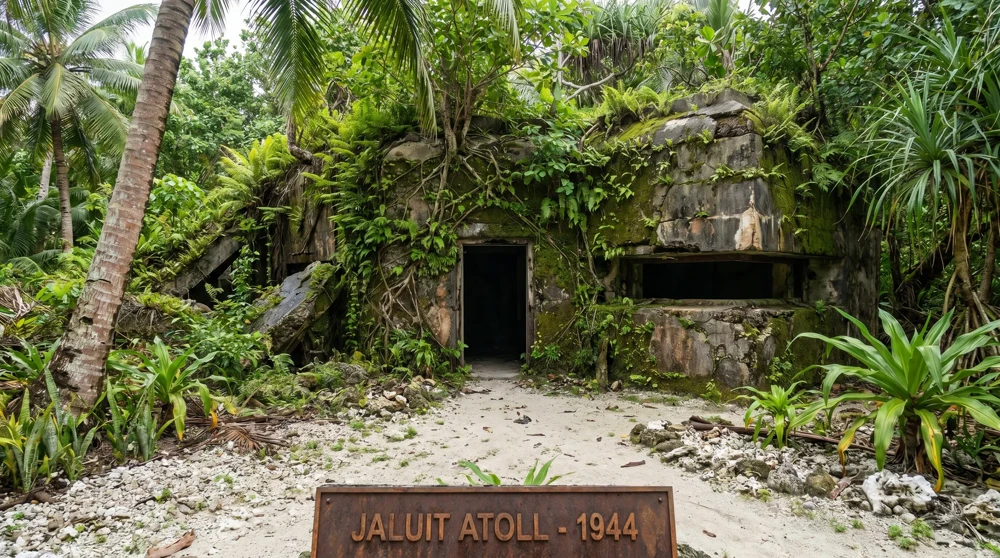 Von tropischer Vegetation überwucherter japanischer Betonbunker aus dem Zweiten Weltkrieg auf dem Jaluit-Atoll der Marshall-Inseln