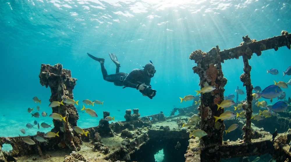 Snorkeler exploring a coral-encrusted World War II shipwreck surrounded by tropical fish in a clear Pacific lagoon