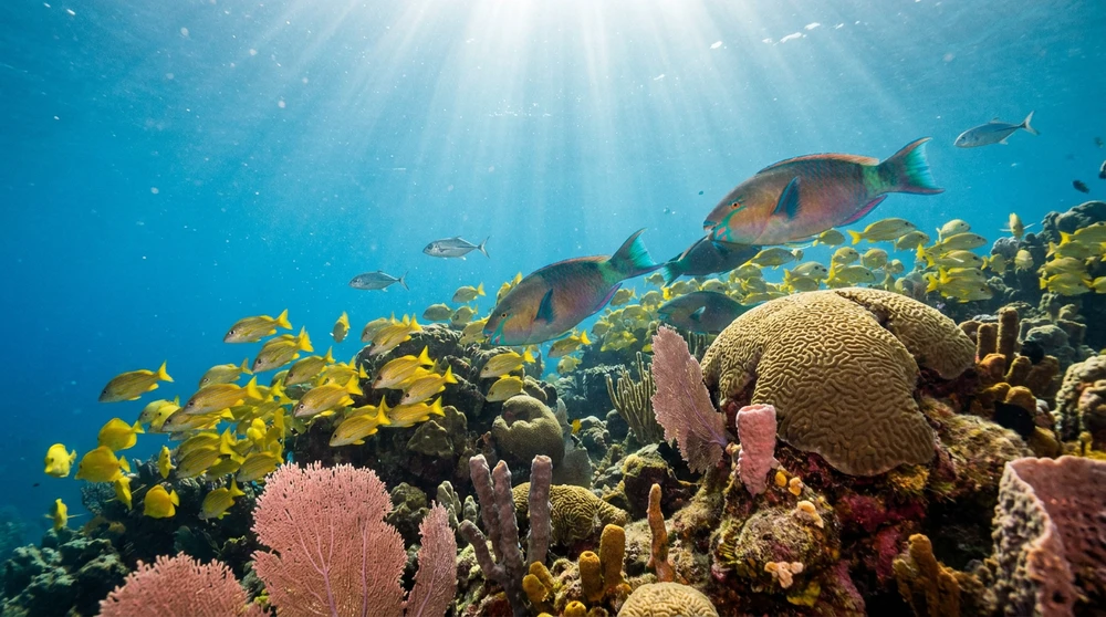 Schwaerme von Gelbem Doktorfisch und Papageifischen entlang einer gesunden karibischen Riffkante