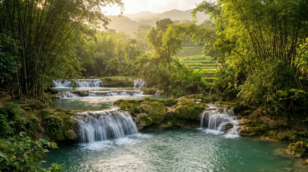 Seven-tiered YS Falls with calm turquoise natural swimming pools surrounded by bamboo and lush farmland in St. Elizabeth Jamaica