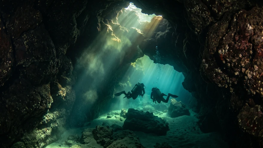 The Bat Cave underwater swim-through with light beams piercing volcanic rock ceiling in St. Vincent