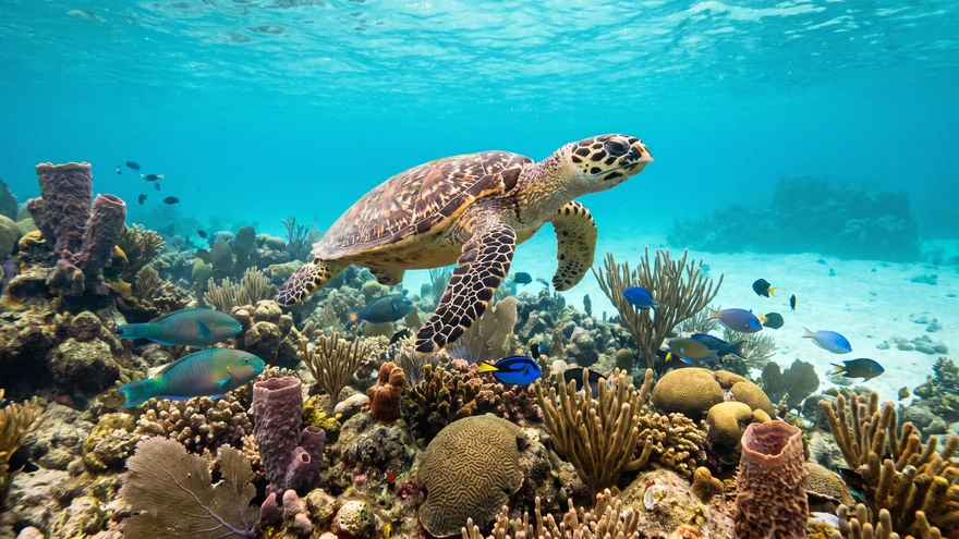 Hawksbill sea turtle swimming over coral reef near Bequia, Saint Vincent and the Grenadines