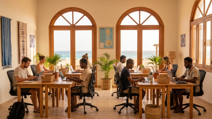 Co-working space interior in Santa Maria, Sal island, Cape Verde with remote workers