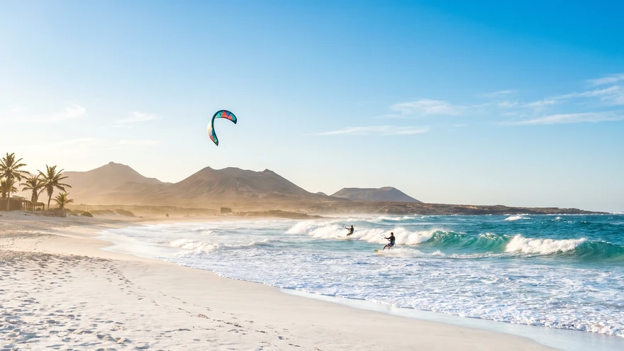 Kitesurfers at Kite Beach on Sal island, Cabo Verde