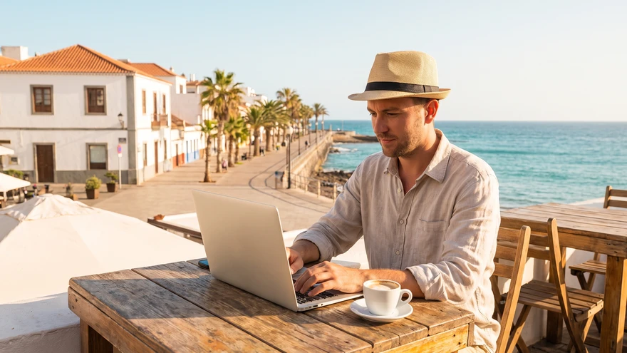 Digital nomad working on a laptop at a Santa Maria café in Sal, Cape Verde