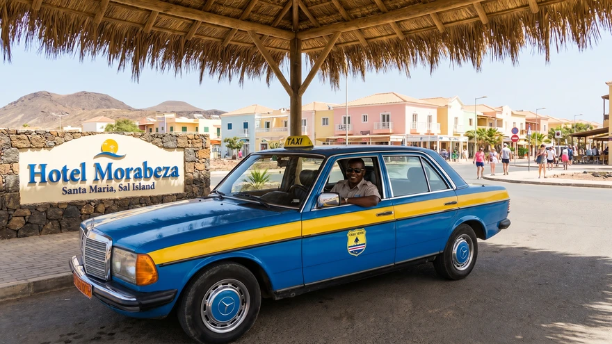 Blue and yellow striped official taxi on Sal island