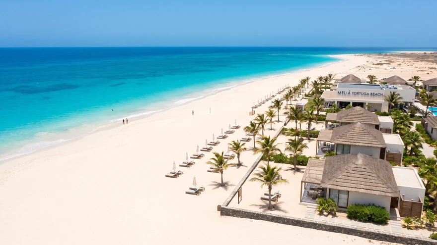 White sand beach and beachfront resort on Sal island Cabo Verde