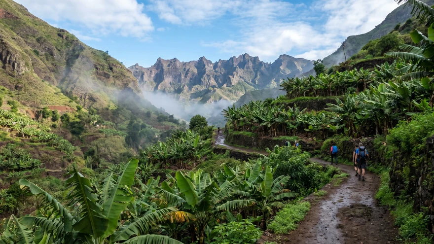 Green hiking trail through banana plantations in Santo Antao, Cabo Verde