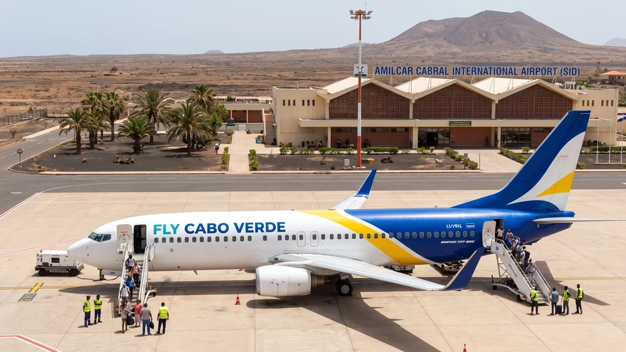 A budget airline aircraft at Amilcar Cabral International Airport on Sal Island, Cape Verde