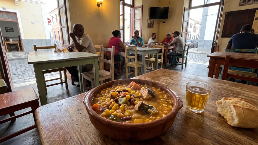 A bowl of traditional Cachupa stew served at a local cafe in Cape Verde