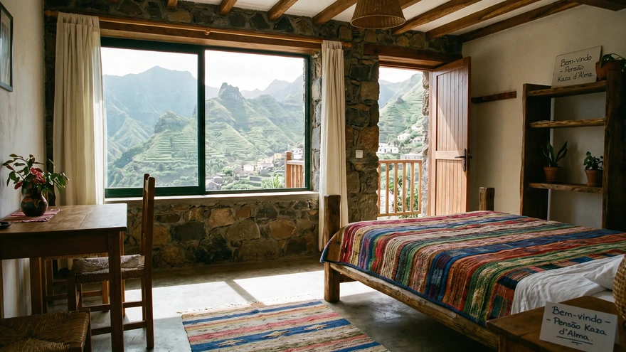 A simple family-run guesthouse room on Santo Antao island, Cape Verde, with a mountain view
