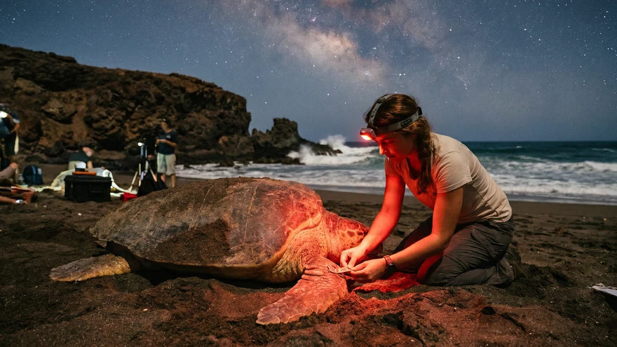 A sea turtle conservation researcher tagging a nesting loggerhead on a remote Cabo Verde beach at night