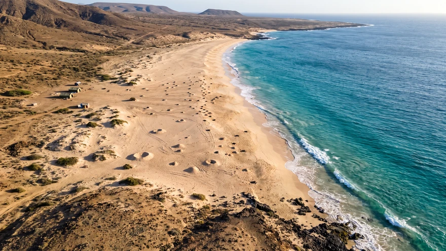 Aerial view of remote Ervatao beach on Boa Vista island, Cabo Verde, a prime loggerhead nesting site